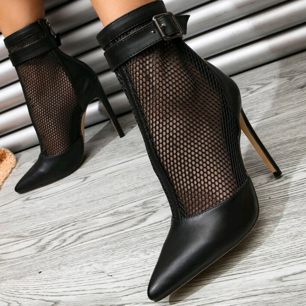 Sexy Hollow Out Buckle Decor Pointed Toe Stiletto Classic Boots Monochrome Women - Picture 3 of 4
